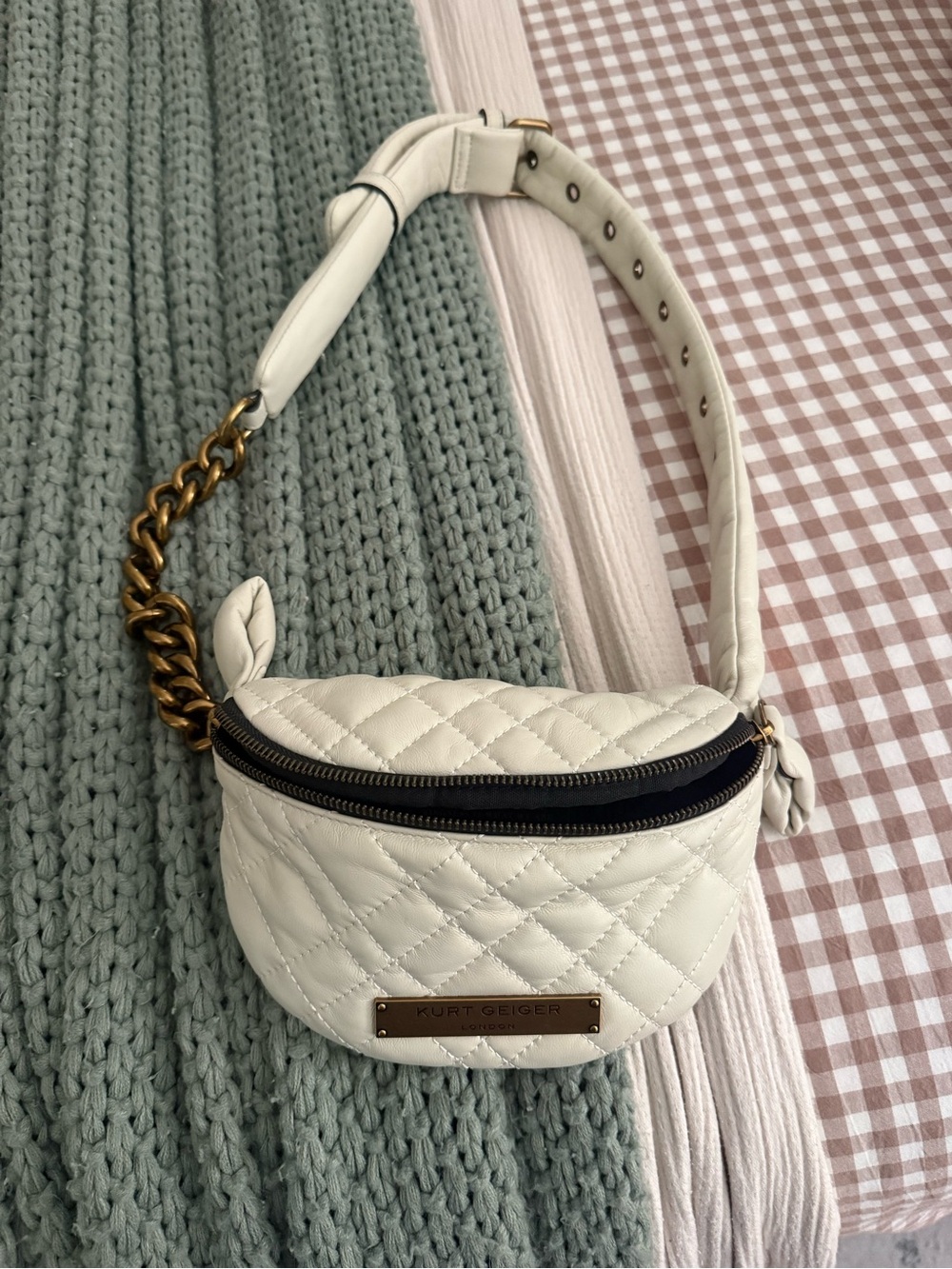 Kurt Geiger Cream Quilted Leather Mini Belt Bag with Gold Chain